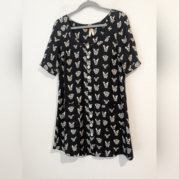 Anthropologie Black Dog Print 100% Silk Short Sleeve Button-Up Mini Slip Dress - Picture 3 of 8